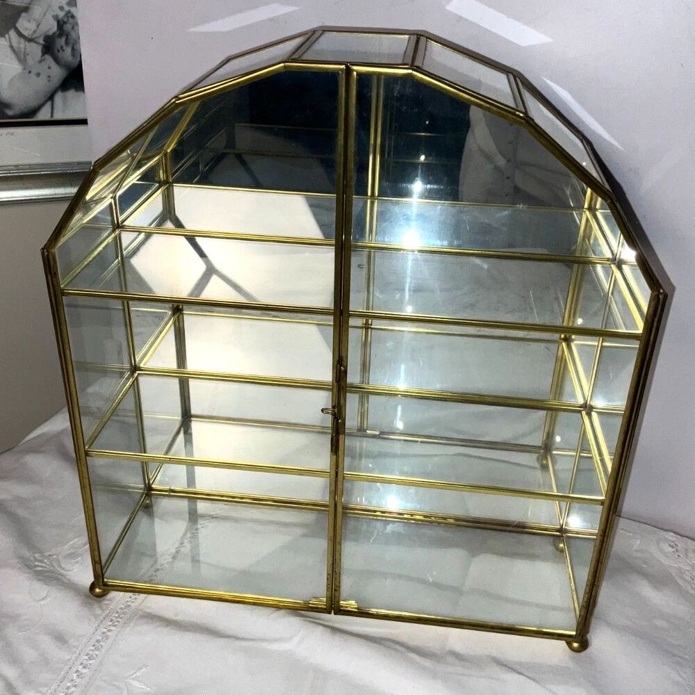 Vintage Brass Glass Curio Cabinet Wall Display Case Geometric Hollywood Regency